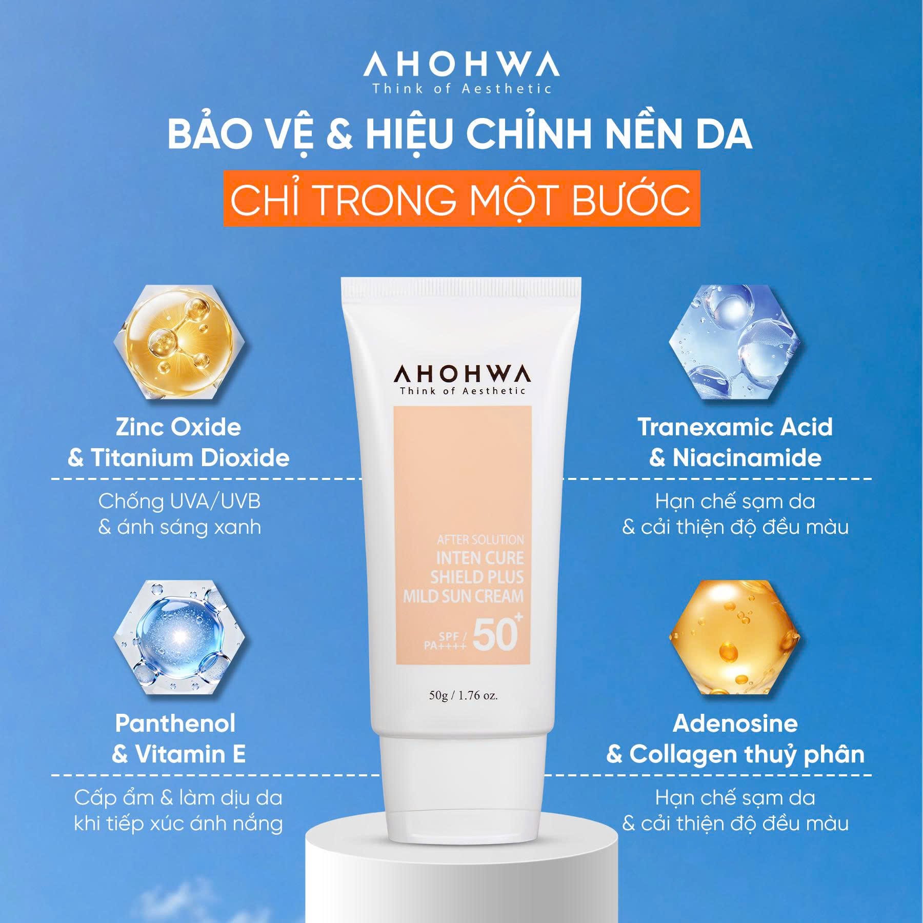 Kem chống nắng hiệu chỉnh sắc tố X5 bảo vệ da Ahohwa After Solution Inten Cure Shield Plus Mild Sun Cream SPF50+/Pa++++