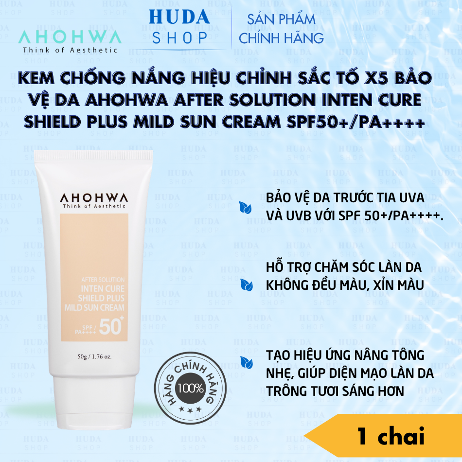Kem chống nắng hiệu chỉnh sắc tố X5 bảo vệ da Ahohwa After Solution Inten Cure Shield Plus Mild Sun Cream SPF50+/Pa++++