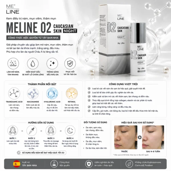 Kem hỗ trợ cải thiện nám, mụn viêm, thâm mụn Meline 02 Caucasian Skin Night