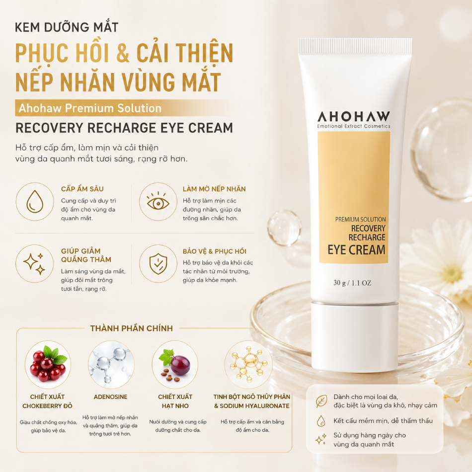 Kem dưỡng cân bằng ẩm cải thiện nếp nhăn vùng quanh mắt Ahohwa Premium Solution Recovery Recharge Eye Cream