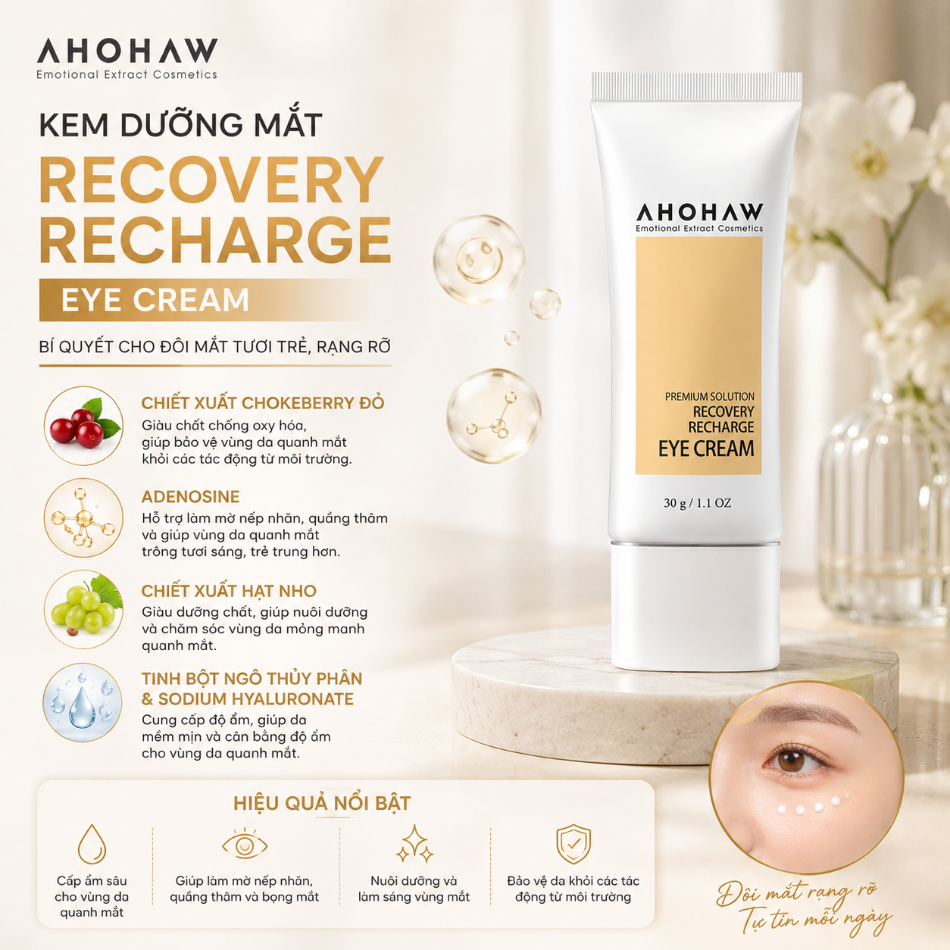 Kem dưỡng cân bằng ẩm cải thiện nếp nhăn vùng quanh mắt Ahohwa Premium Solution Recovery Recharge Eye Cream