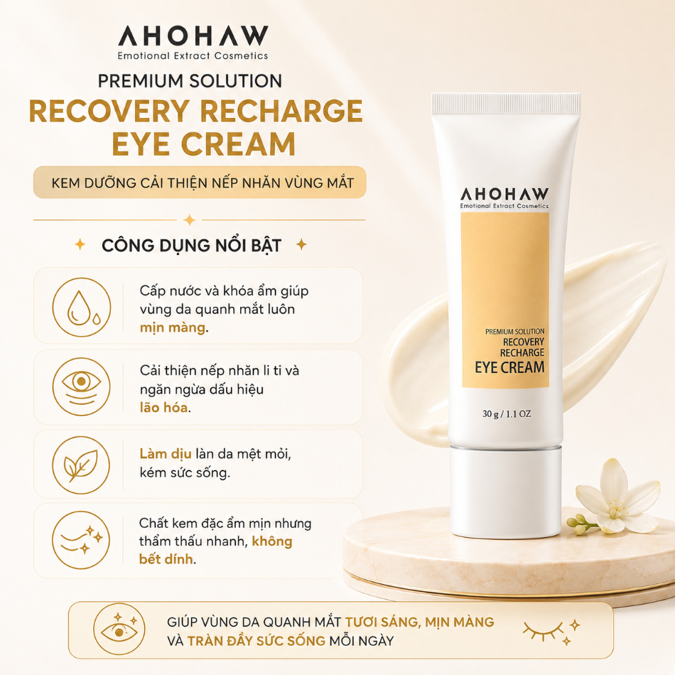 Kem dưỡng cân bằng ẩm cải thiện nếp nhăn vùng quanh mắt Ahohwa Premium Solution Recovery Recharge Eye Cream