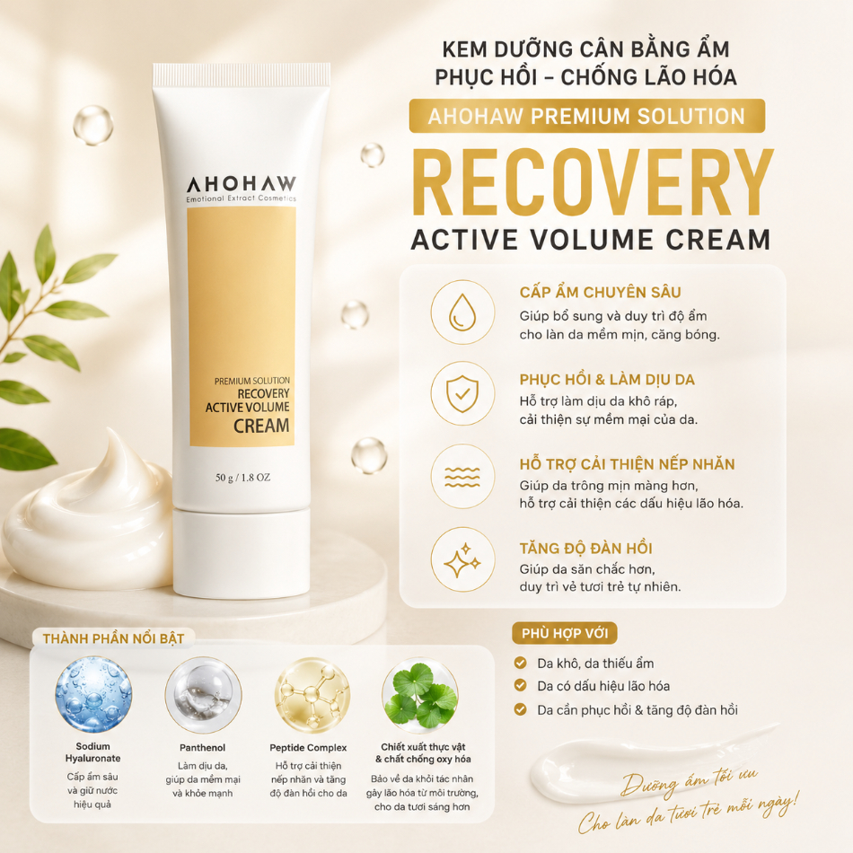 Kem dưỡng cân bằng ẩm phục hồi chống lão hóa Ahohwa Premium Solution Recovery Active Volume Cream