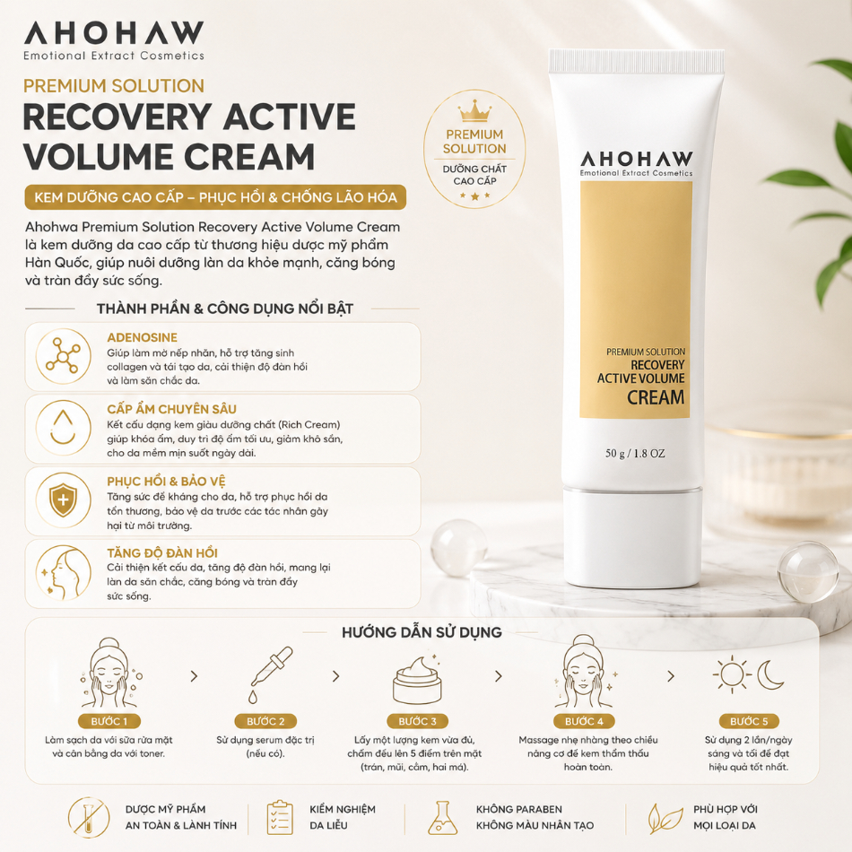Kem dưỡng cân bằng ẩm phục hồi chống lão hóa Ahohwa Premium Solution Recovery Active Volume Cream