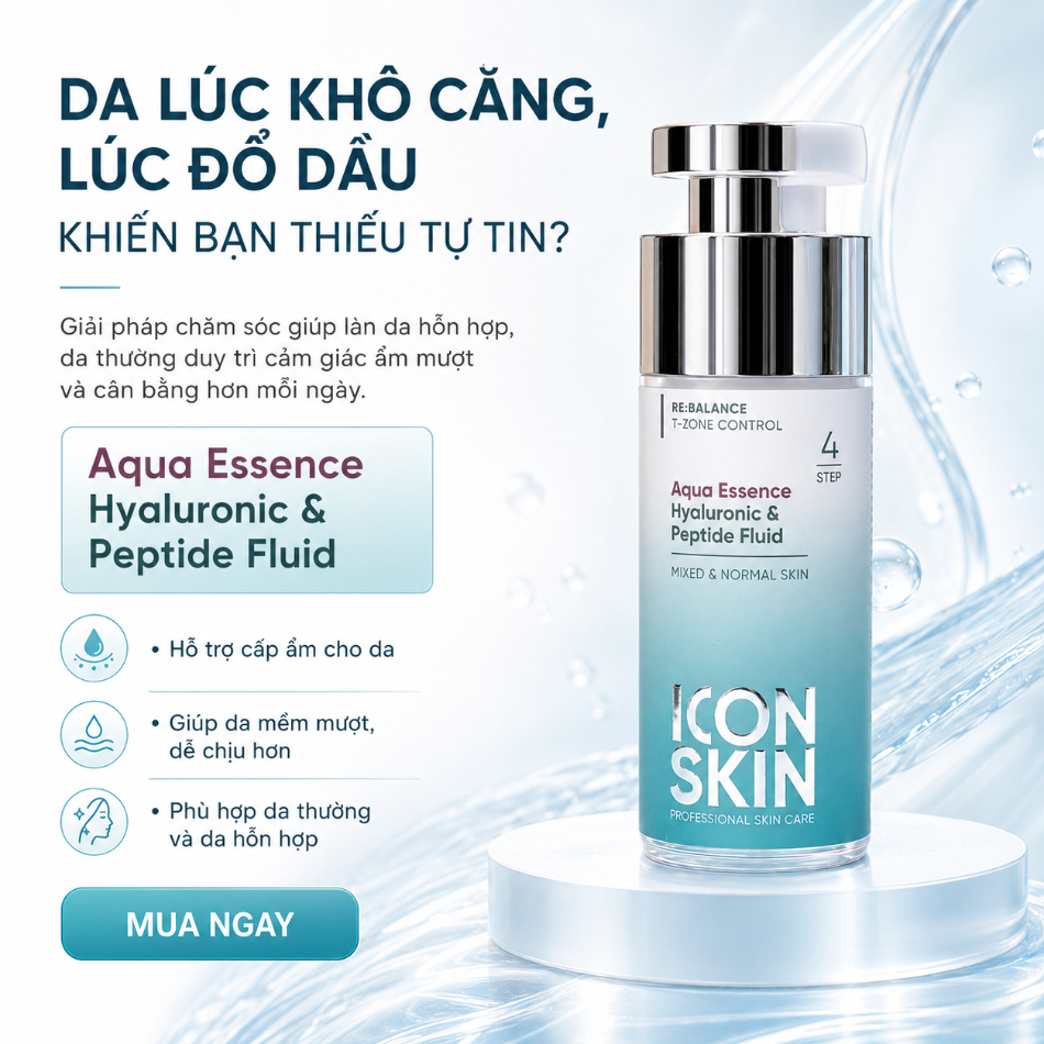 Kem dưỡng cấp ẩm sâu và duy trì độ ẩm Icon Skin Aqua Essence Hyaluronic & Peptide Fluid