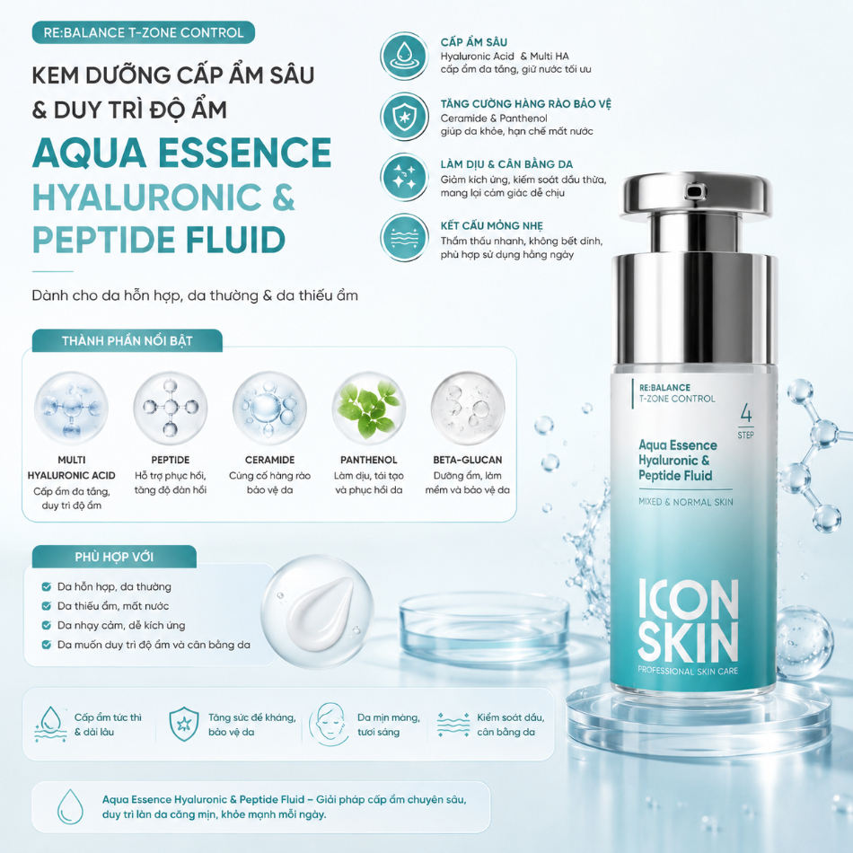 Kem dưỡng cấp ẩm sâu và duy trì độ ẩm Icon Skin Aqua Essence Hyaluronic & Peptide Fluid