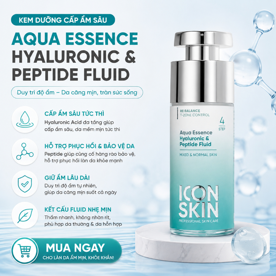 Kem dưỡng cấp ẩm sâu và duy trì độ ẩm Icon Skin Aqua Essence Hyaluronic & Peptide Fluid