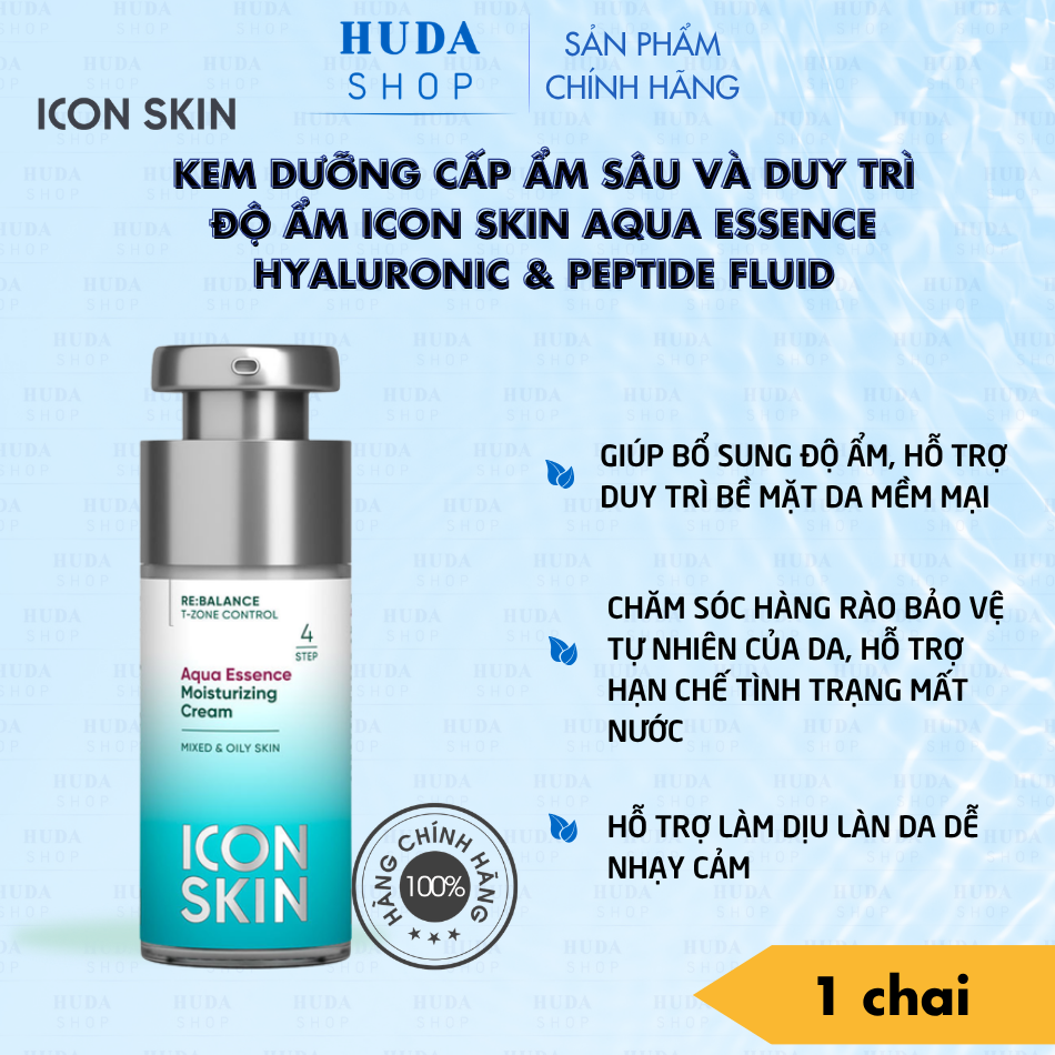 Kem dưỡng cấp ẩm sâu và duy trì độ ẩm Icon Skin Aqua Essence Hyaluronic & Peptide Fluid