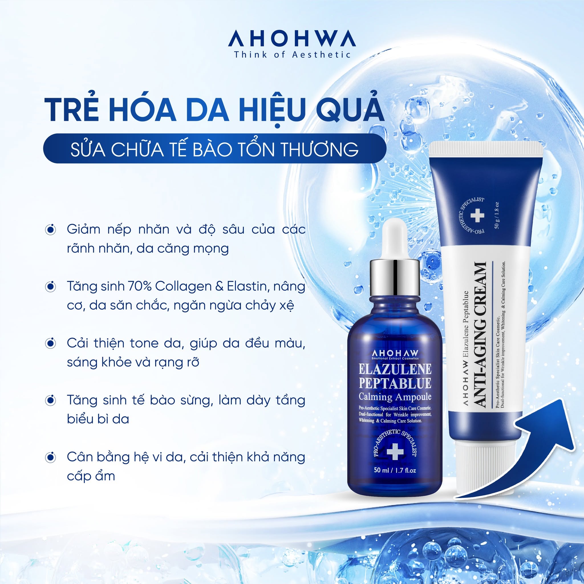Kem dưỡng phục hồi trẻ hóa tế bào sinh học Ahohwa Elazulene Peptablue Anti-Aging Cream