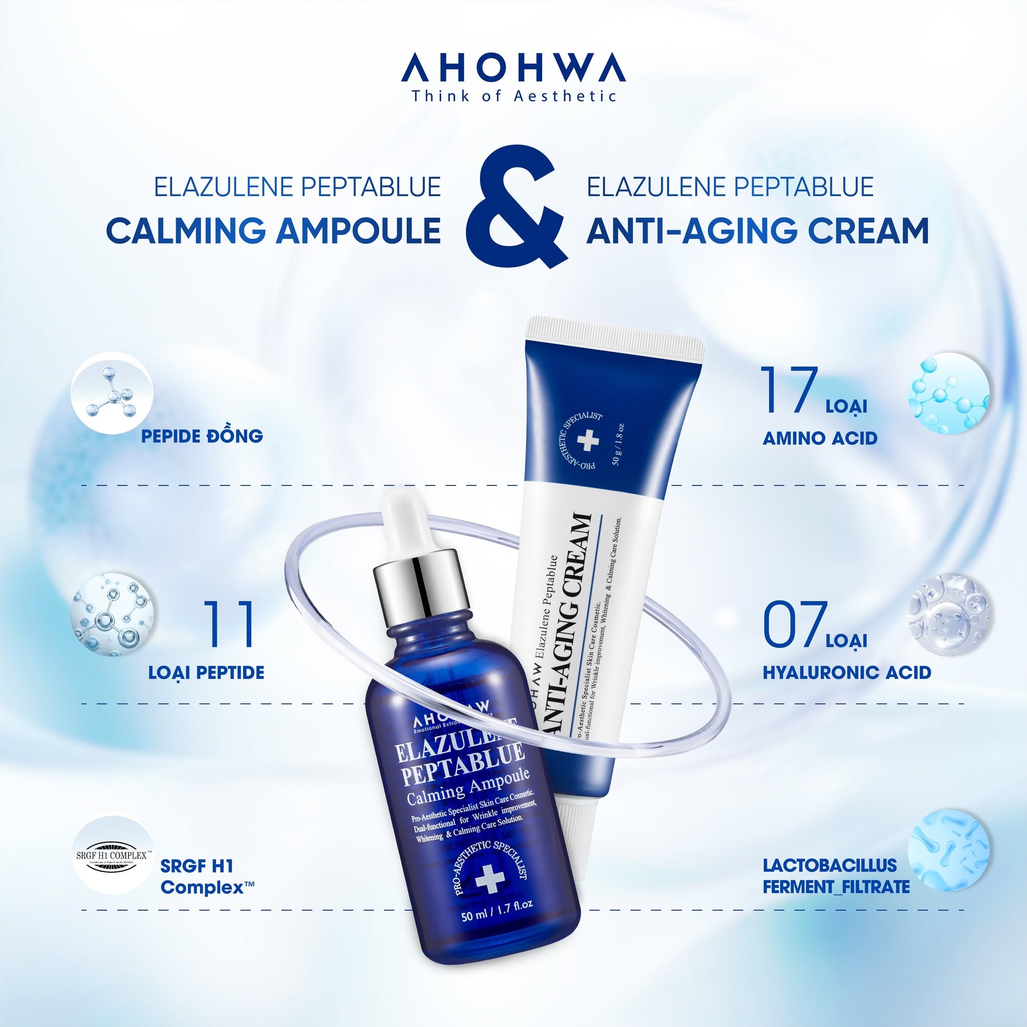 Kem dưỡng phục hồi trẻ hóa tế bào sinh học Ahohwa Elazulene Peptablue Anti-Aging Cream
