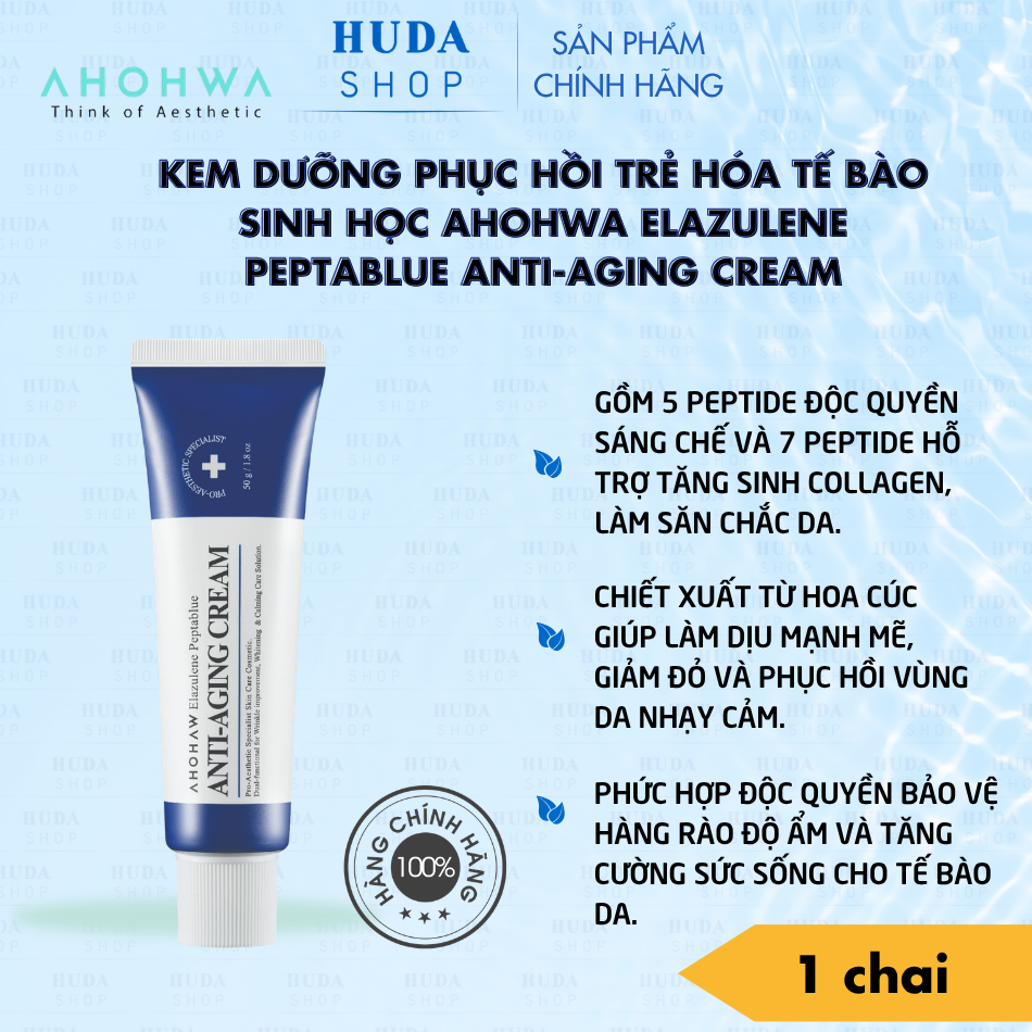 Kem dưỡng phục hồi trẻ hóa tế bào sinh học Ahohwa Elazulene Peptablue Anti-Aging Cream