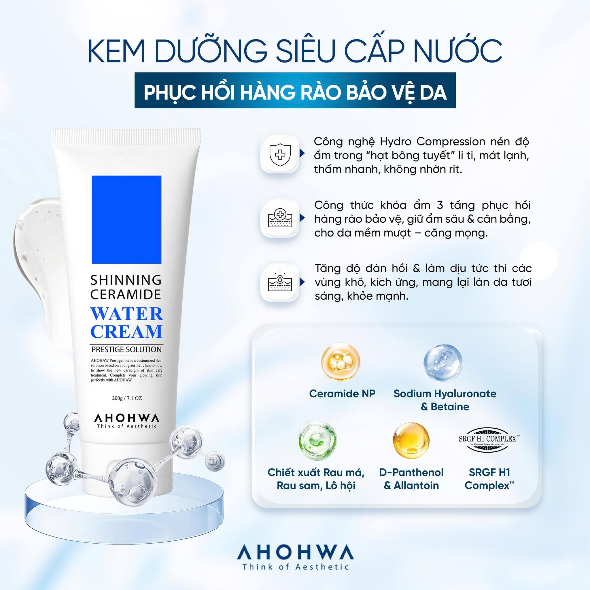 Kem dưỡng siêu cấp nước phục hồi hàng rào bảo vệ da Ahohwa Prestige Solution Shinning Ceramide Water Cream