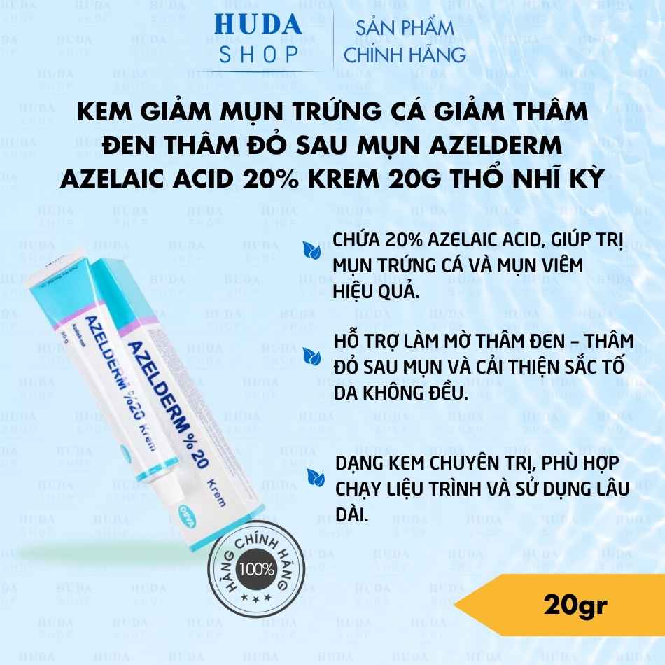 Kem giảm mụn trứng cá giảm thâm đen thâm đỏ sau mụn Azelderm Azelaic acid 20% krem 20g Thổ Nhĩ Kỳ