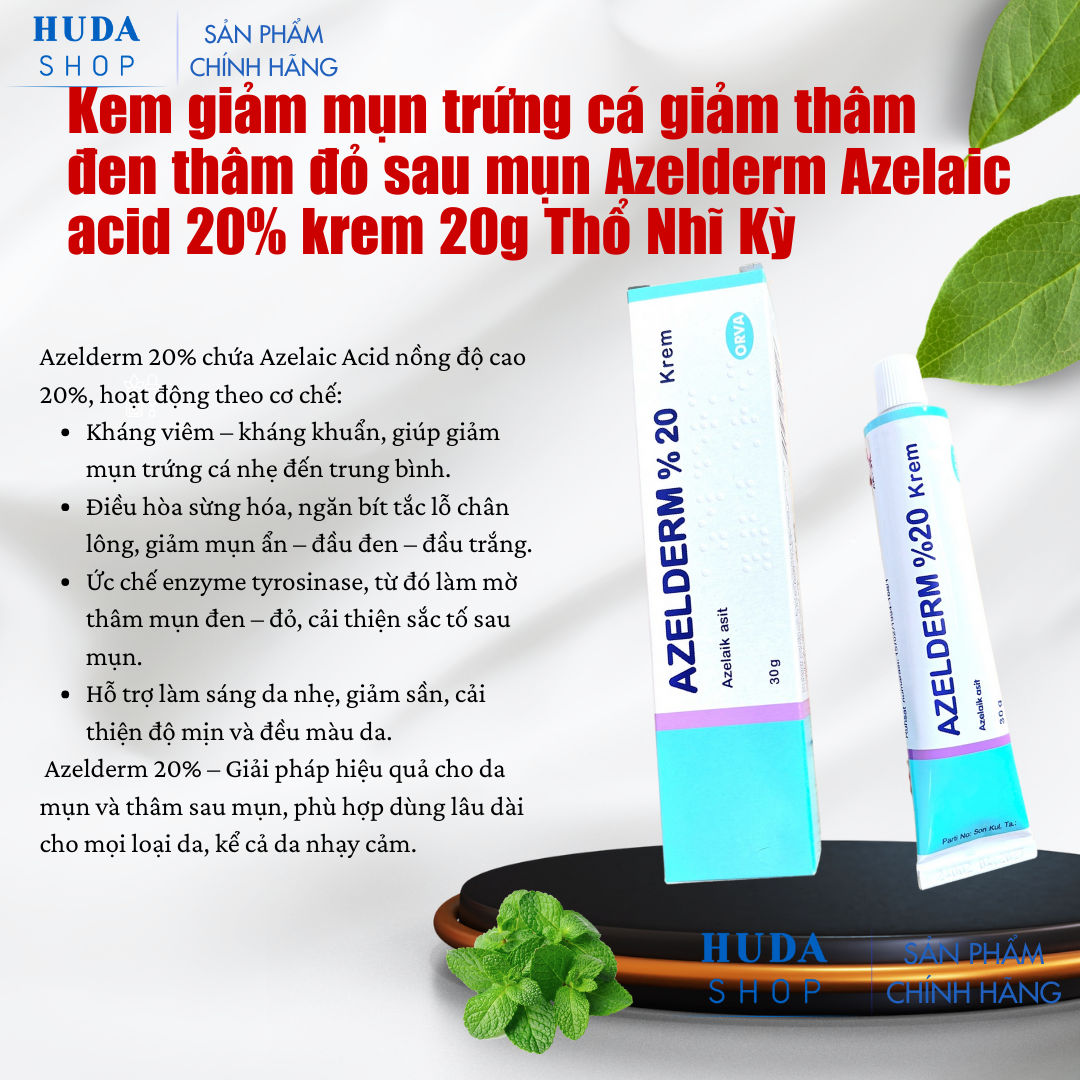 Kem giảm mụn trứng cá giảm thâm đen thâm đỏ sau mụn Azelderm Azelaic acid 20% krem 20g Thổ Nhĩ Kỳ