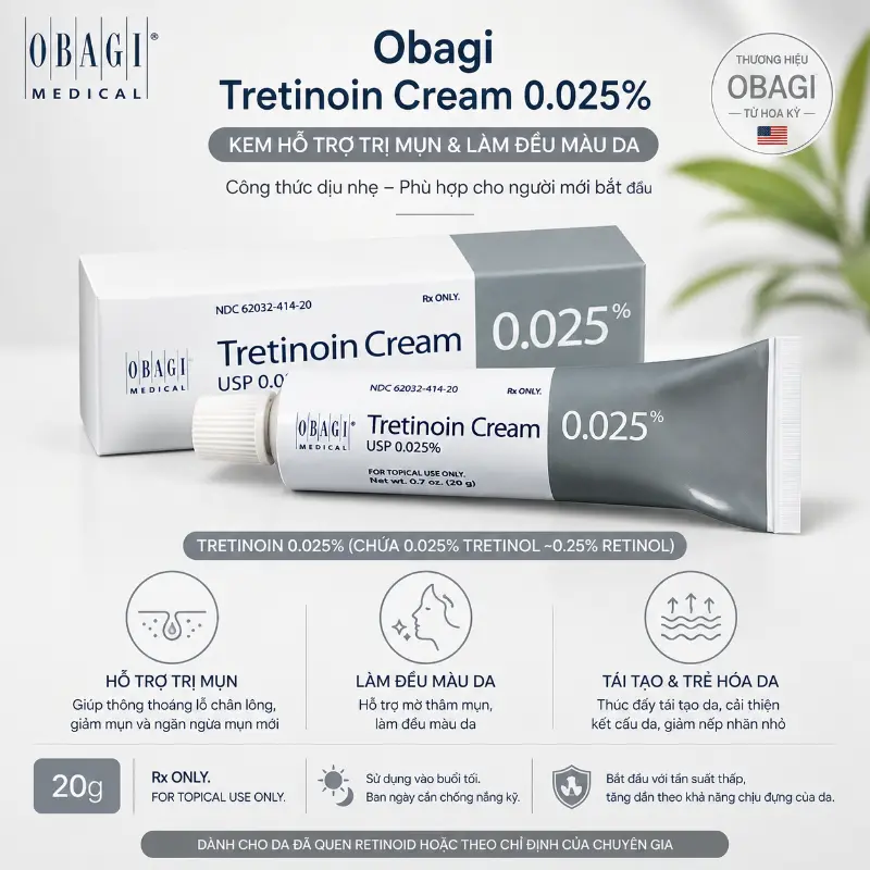 Kem hỗ trợ trị mụn làm đều màu da Obagi TRETIN0IN 0.025% 20gr