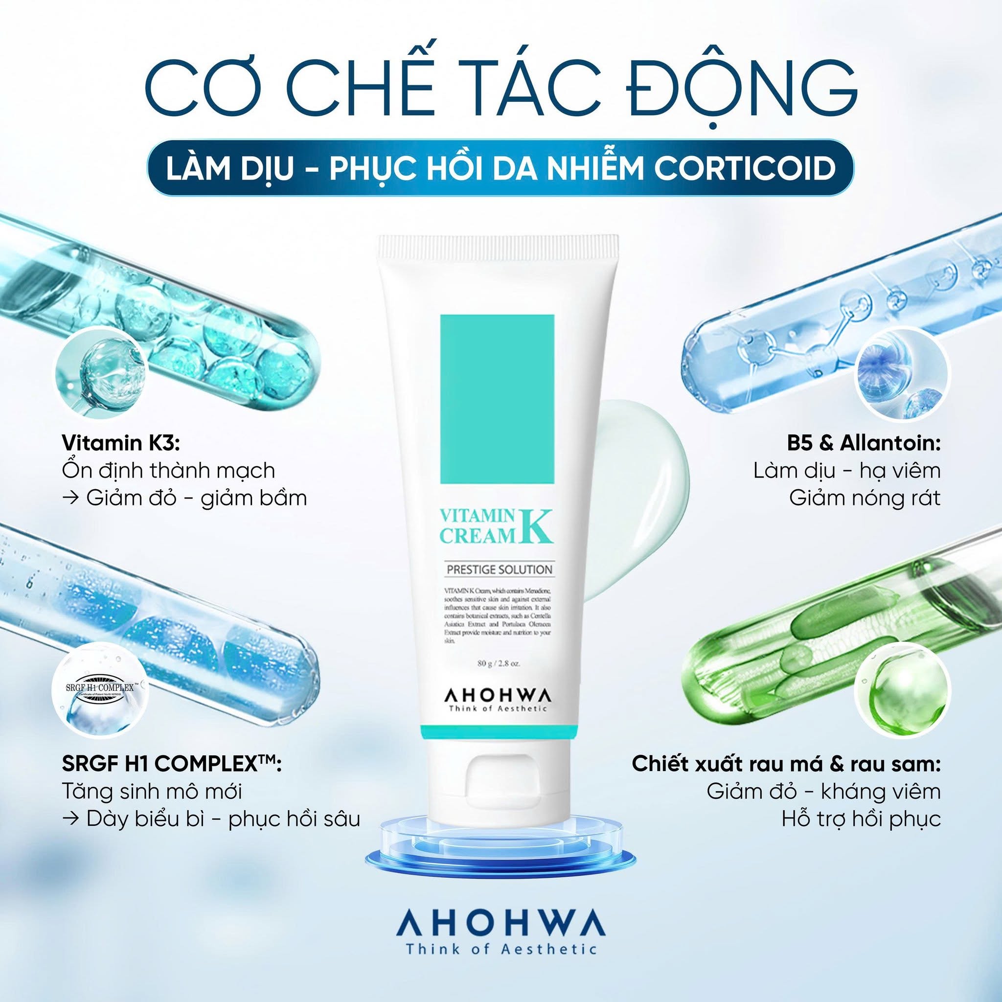 Kem phục hồi da giãn mao mạch da nhiễm corticoid Ahohwa Prestige Solution Vitamin K Cream