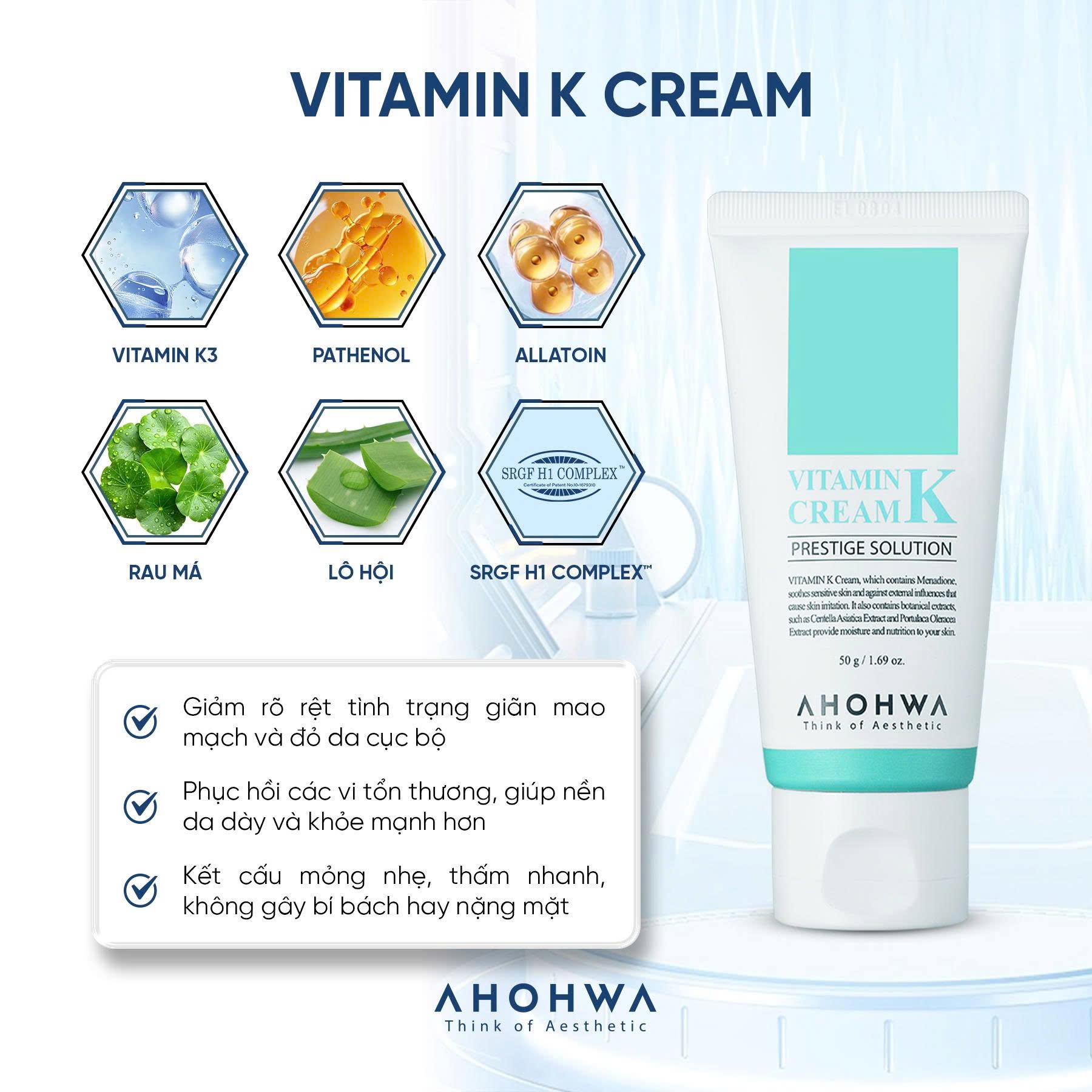 Kem phục hồi da giãn mao mạch da nhiễm corticoid Ahohwa Prestige Solution Vitamin K Cream