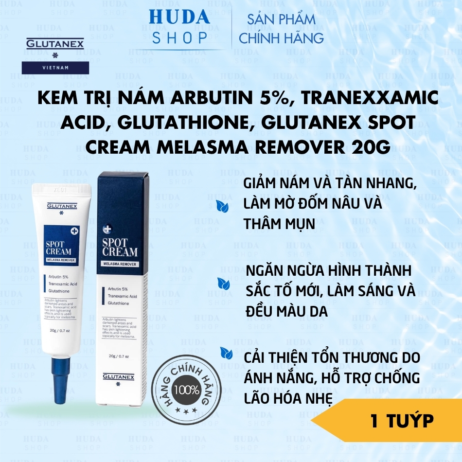 Kem trị nám Arbutin 5%, Tranexxamic acid, Glutathione, Glutanex Spot Cream Melasma Remover 20g