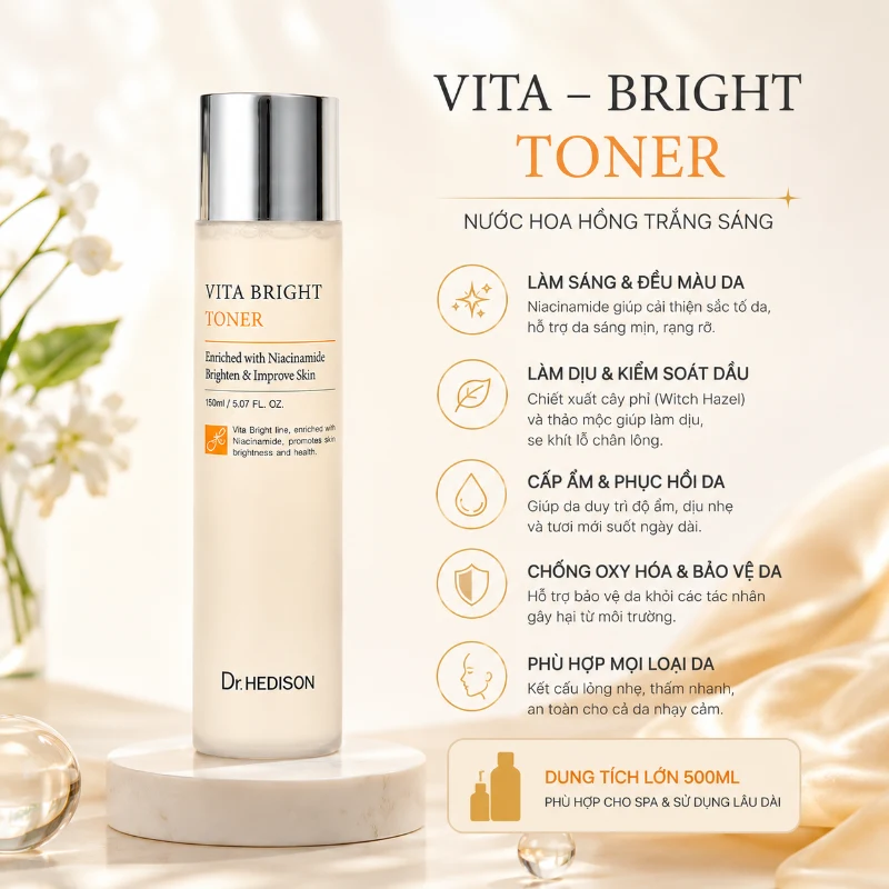 Nước Hoa Hồng Trắng Sáng Dr.Hedison Vita Bright Toner Hỗ Trợ Cấp Ẩm Và Dưỡng Sáng Da