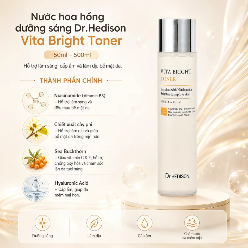 Nước Hoa Hồng Trắng Sáng Dr.Hedison Vita Bright Toner Hỗ Trợ Cấp Ẩm Và Dưỡng Sáng Da