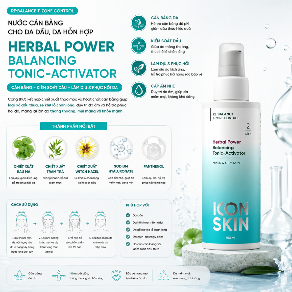 Nước cân bằng cho da dầu, da hỗn hợp Icon Skin Herbal Power Balancing Tonic-Activator