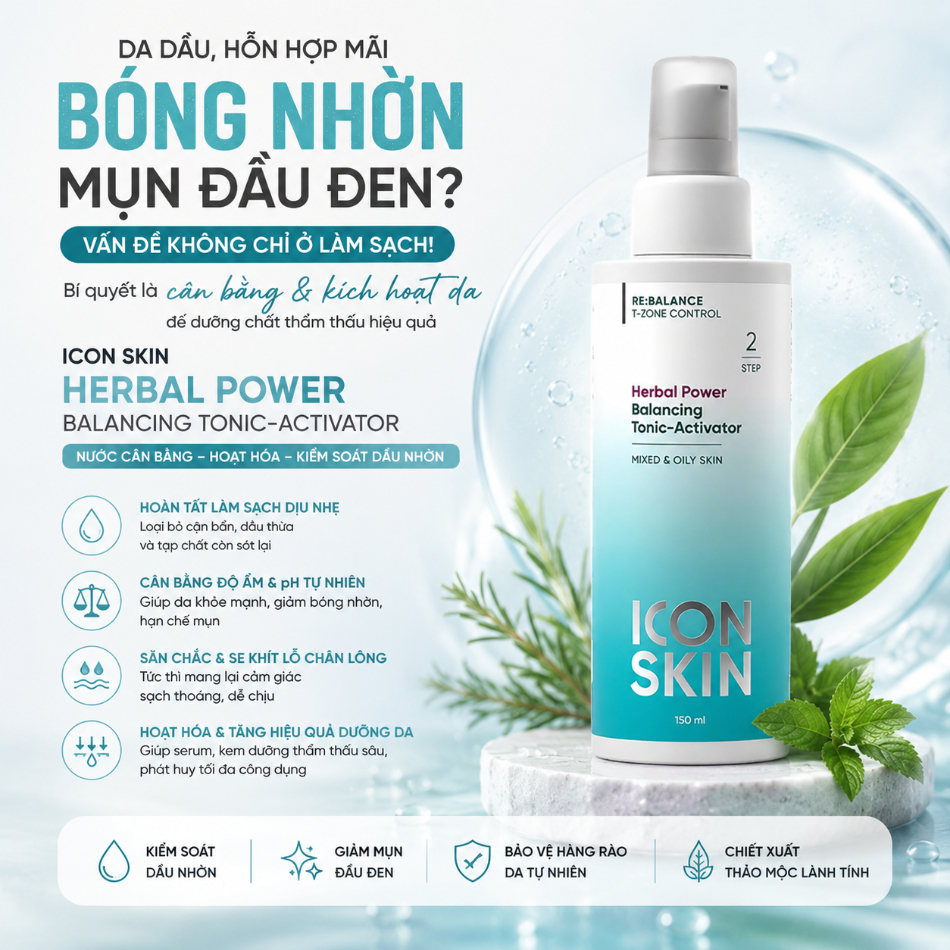 Nước cân bằng cho da dầu, da hỗn hợp Icon Skin Herbal Power Balancing Tonic-Activator