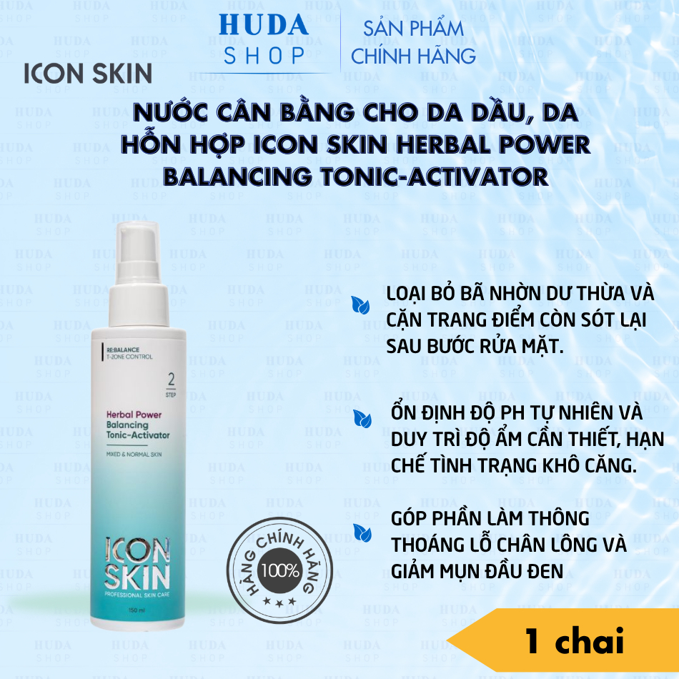Nước cân bằng cho da dầu, da hỗn hợp Icon Skin Herbal Power Balancing Tonic-Activator