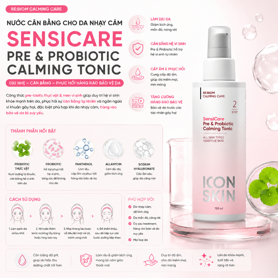 Nước cân bằng cho da nhạy cảm Icon Skin SensiCare Pre & Probiotic Calming Tonic