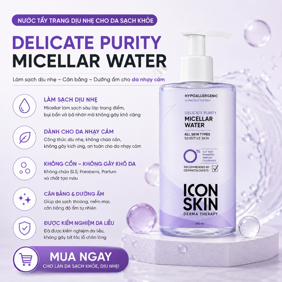 Nước tẩy trang dịu nhẹ cho da sạch khoẻ Icon Skin Delicate Purity Micellar Water