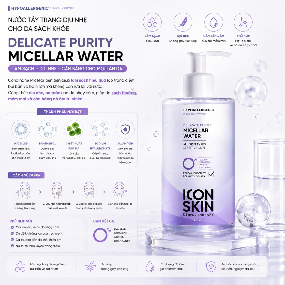 Nước tẩy trang dịu nhẹ cho da sạch khoẻ Icon Skin Delicate Purity Micellar Water