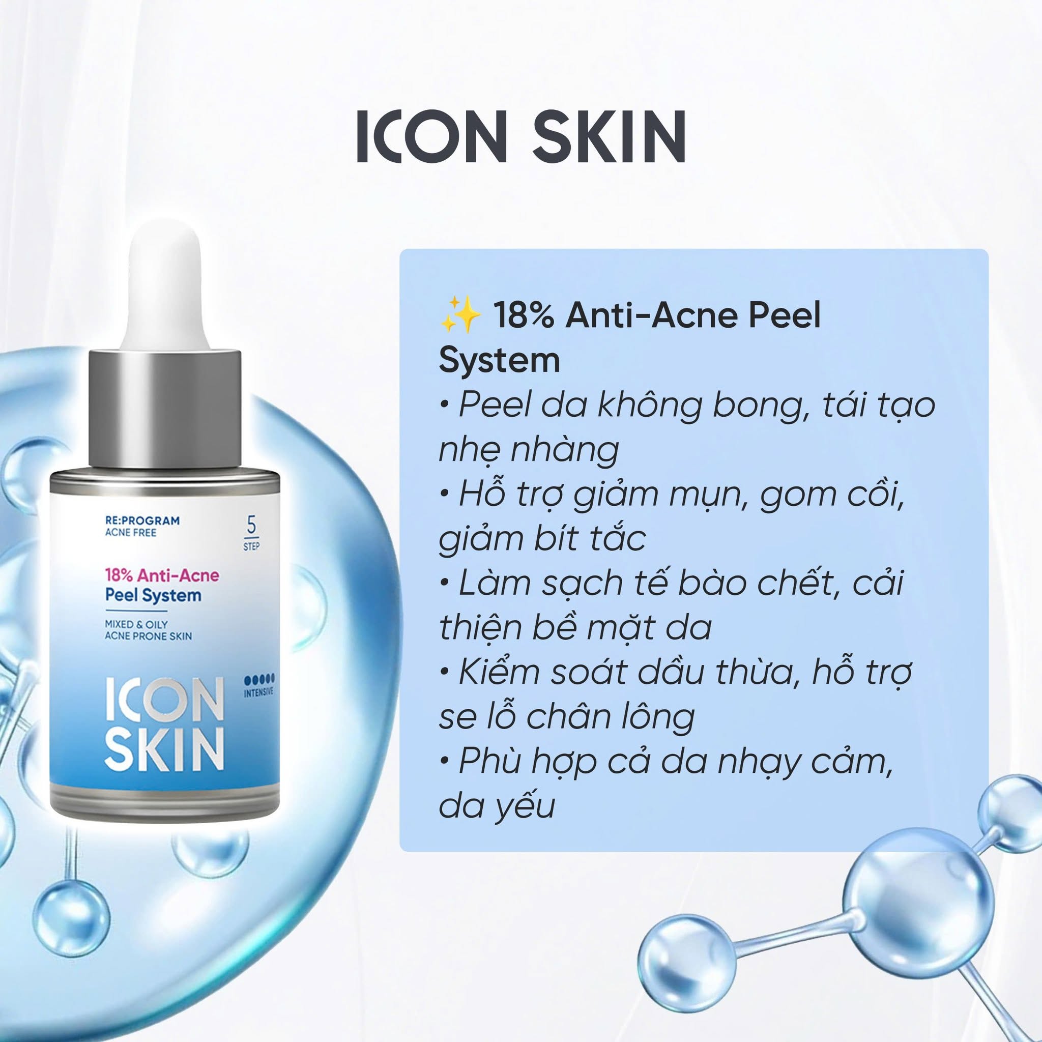 Peel da không bong cho da dầu, da hỗn hợp Icon Skin 18% Anti-Acne Peel System