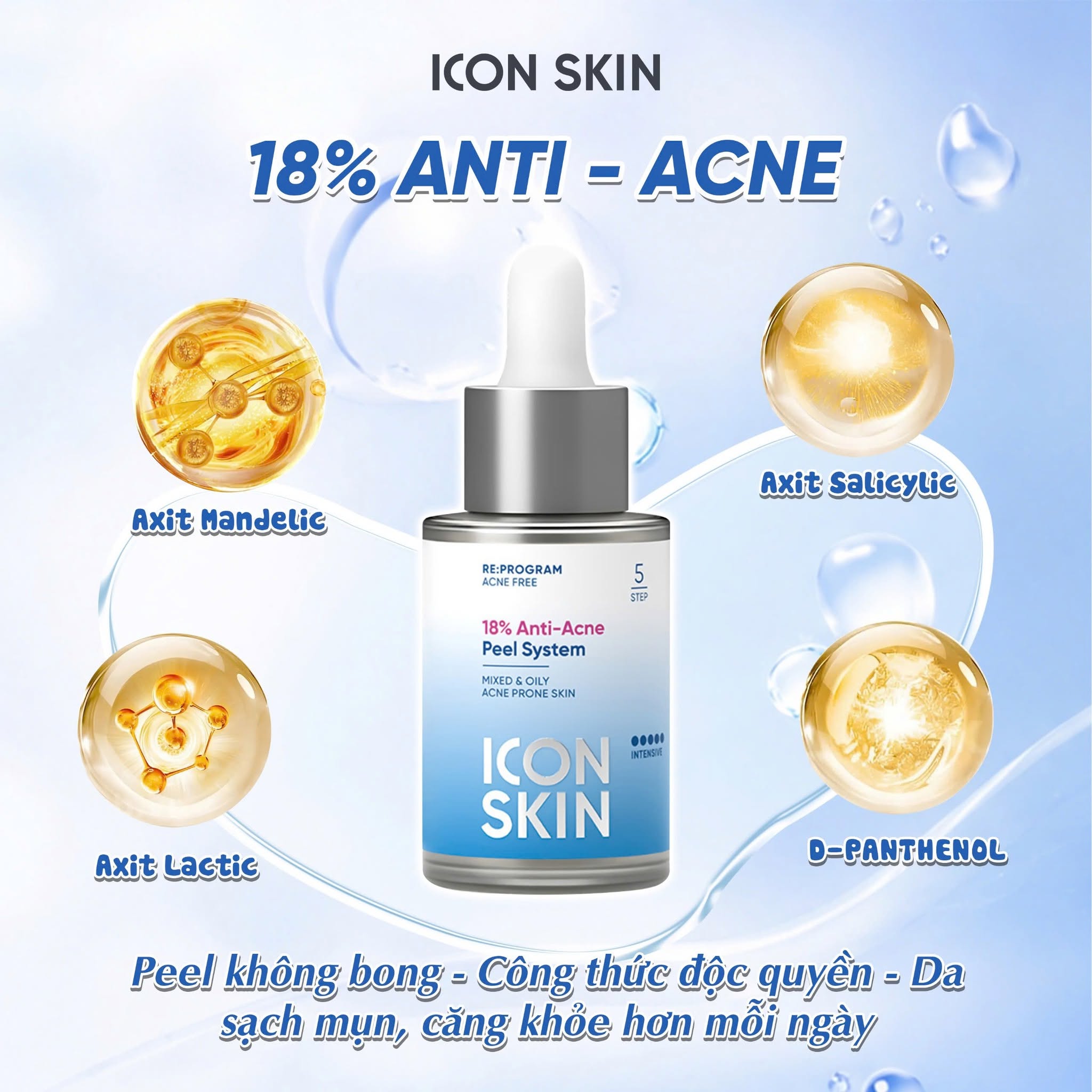 Peel da không bong cho da dầu, da hỗn hợp Icon Skin 18% Anti-Acne Peel System