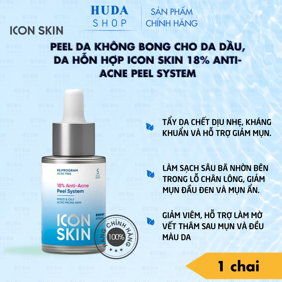 Peel da không bong cho da dầu, da hỗn hợp Icon Skin 18% Anti-Acne Peel System
