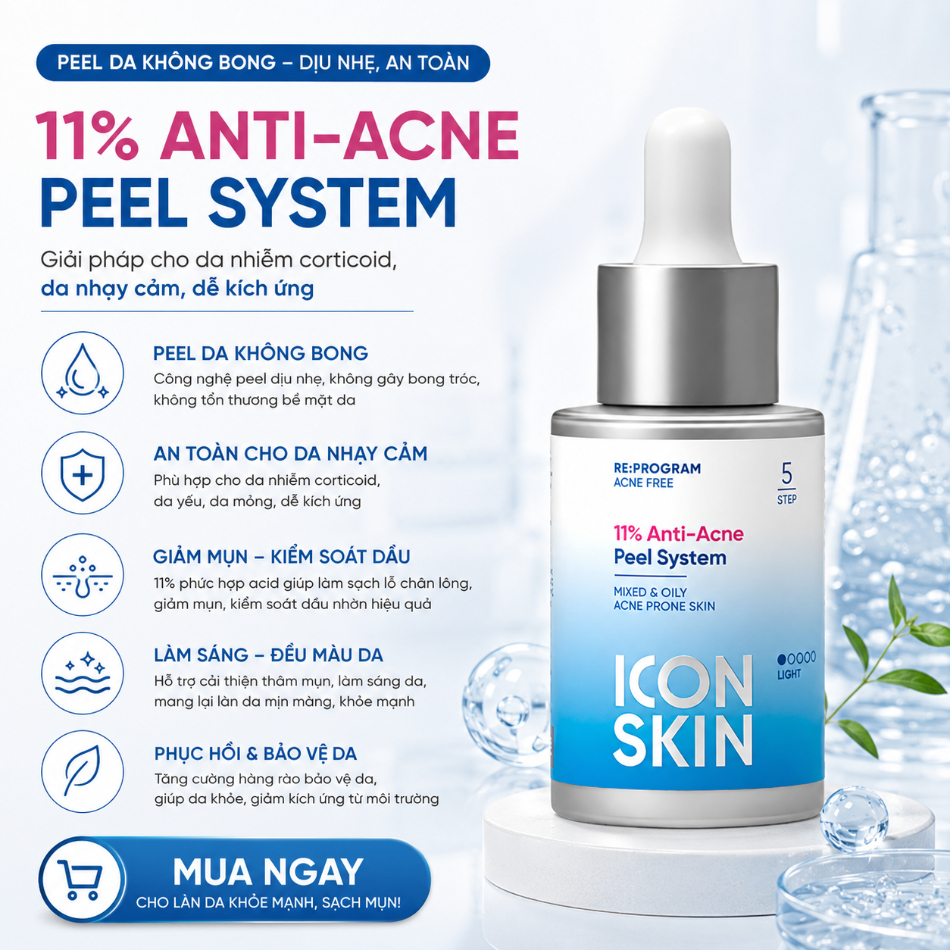 Peel da không bong cho da nhiễm corticoid, da nhạy cảm Icon Skin 11% Anti-Acne Peel System