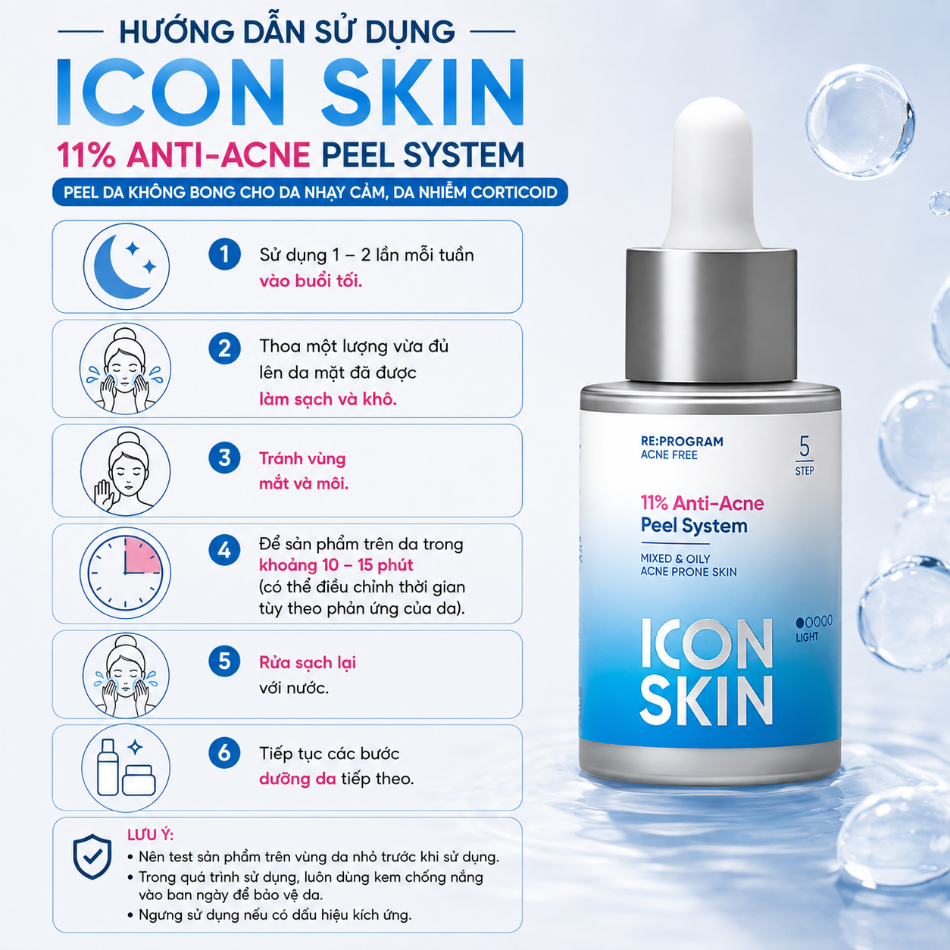 Peel da không bong cho da nhiễm corticoid, da nhạy cảm Icon Skin 11% Anti-Acne Peel System