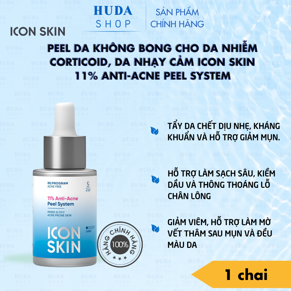 Peel da không bong cho da nhiễm corticoid, da nhạy cảm Icon Skin 11% Anti-Acne Peel System