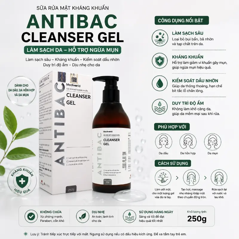 Sữa Rửa Mặt Kháng Khuẩn Làm Sạch Da, Hỗ Trợ Ngừa Mụn Antibac Cleanser Gel 250g