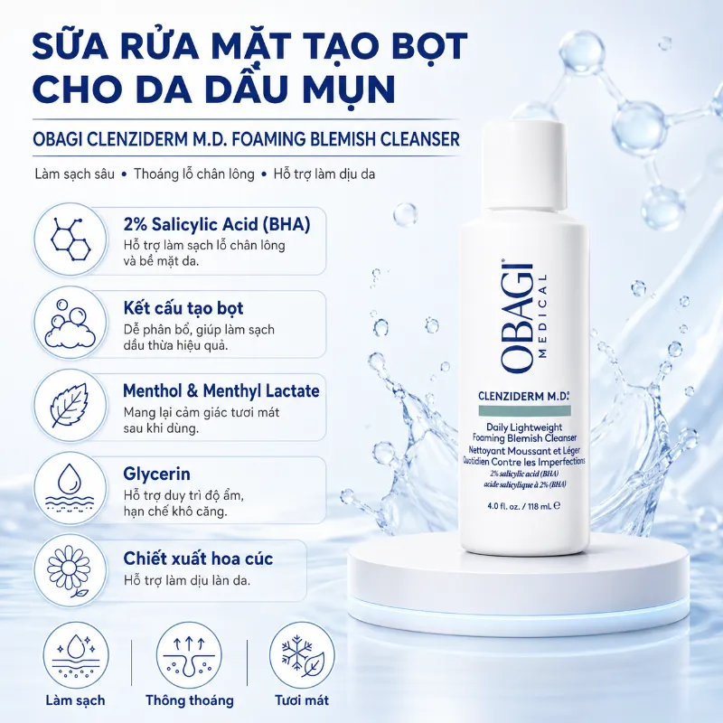 Sữa Rửa Mặt Tẩy Tế Bào Chết Obagi CLENZIderm M.D. Foaming Blemish 118ml Chính Hãng