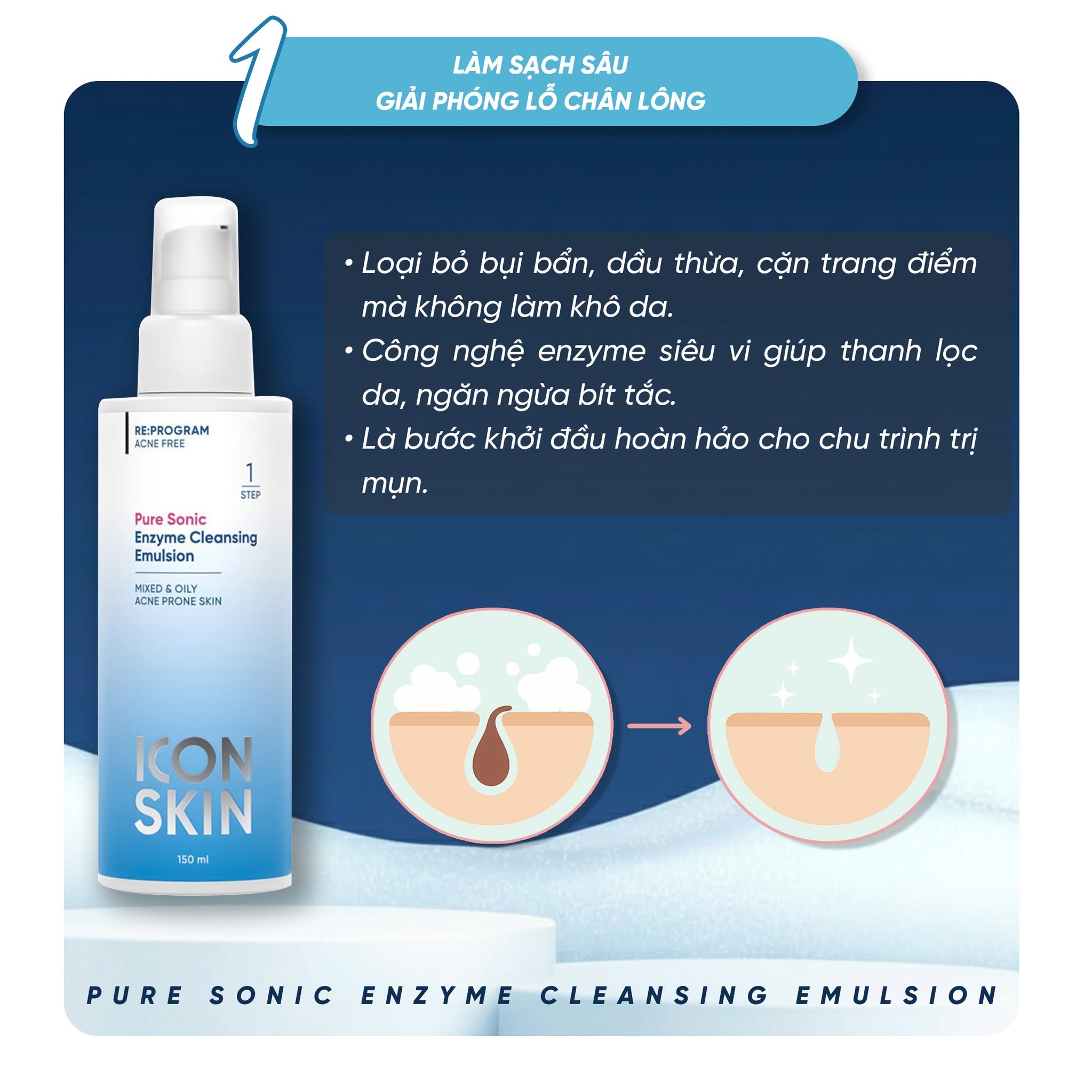 Sữa rửa mặt cho da dầu, da hỗn hợp Icon Skin Pure Sonic Enzyme Cleansing Emulsion