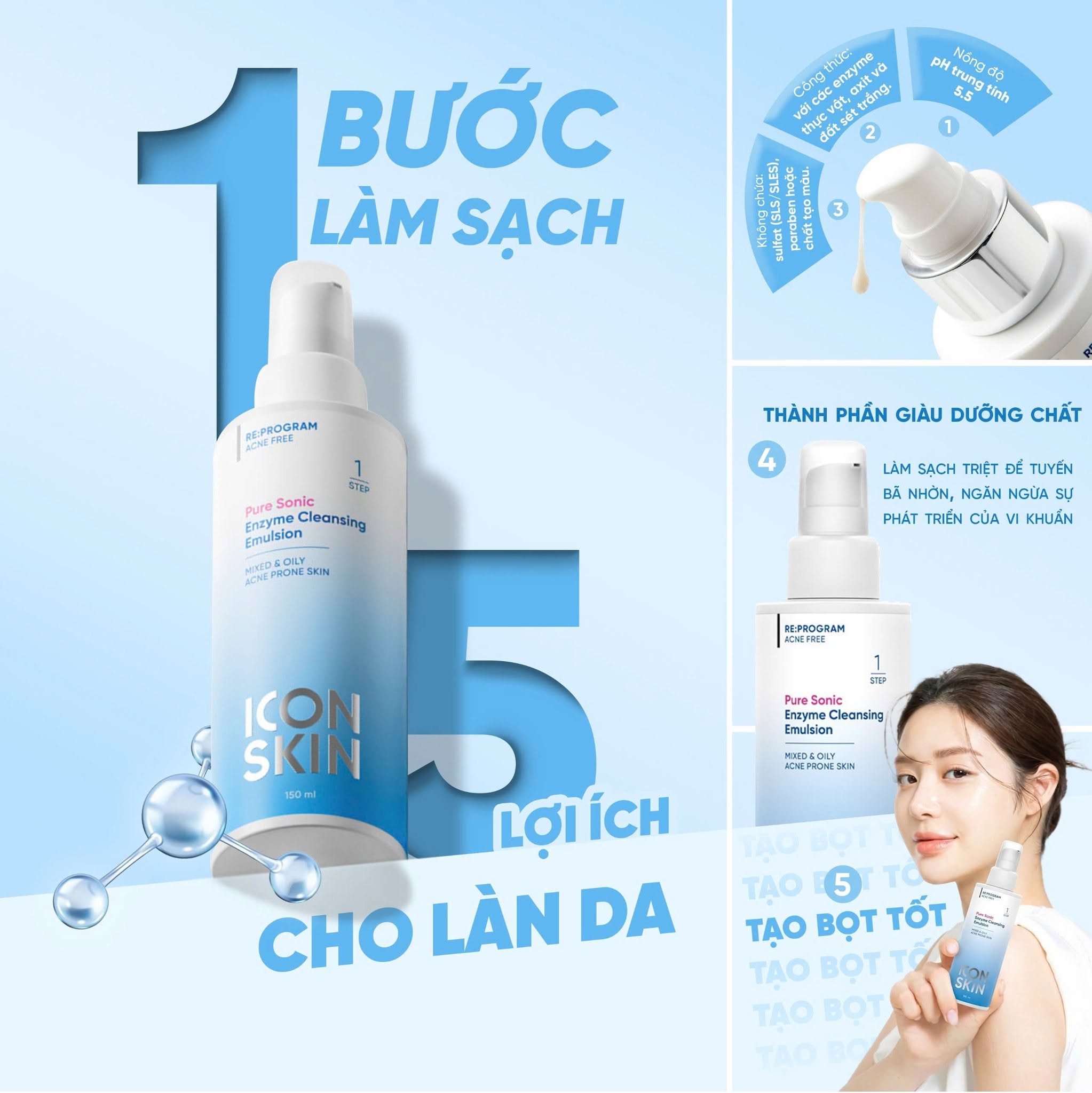 Sữa rửa mặt cho da dầu, da hỗn hợp Icon Skin Pure Sonic Enzyme Cleansing Emulsion