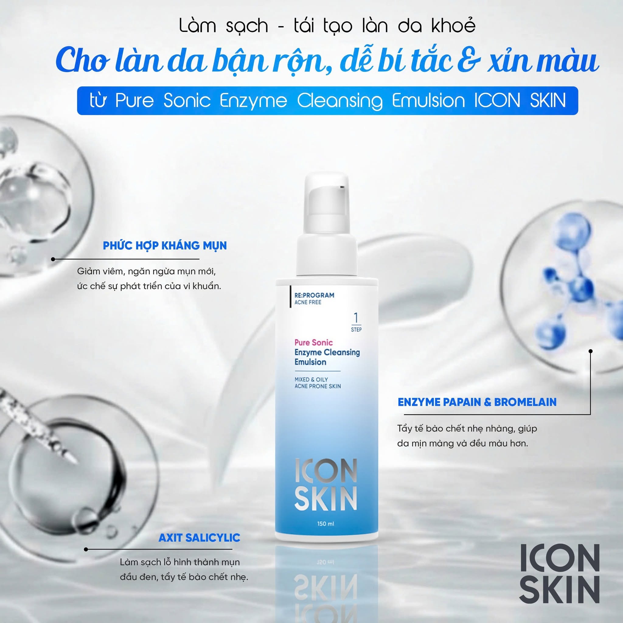 Sữa rửa mặt cho da dầu, da hỗn hợp Icon Skin Pure Sonic Enzyme Cleansing Emulsion