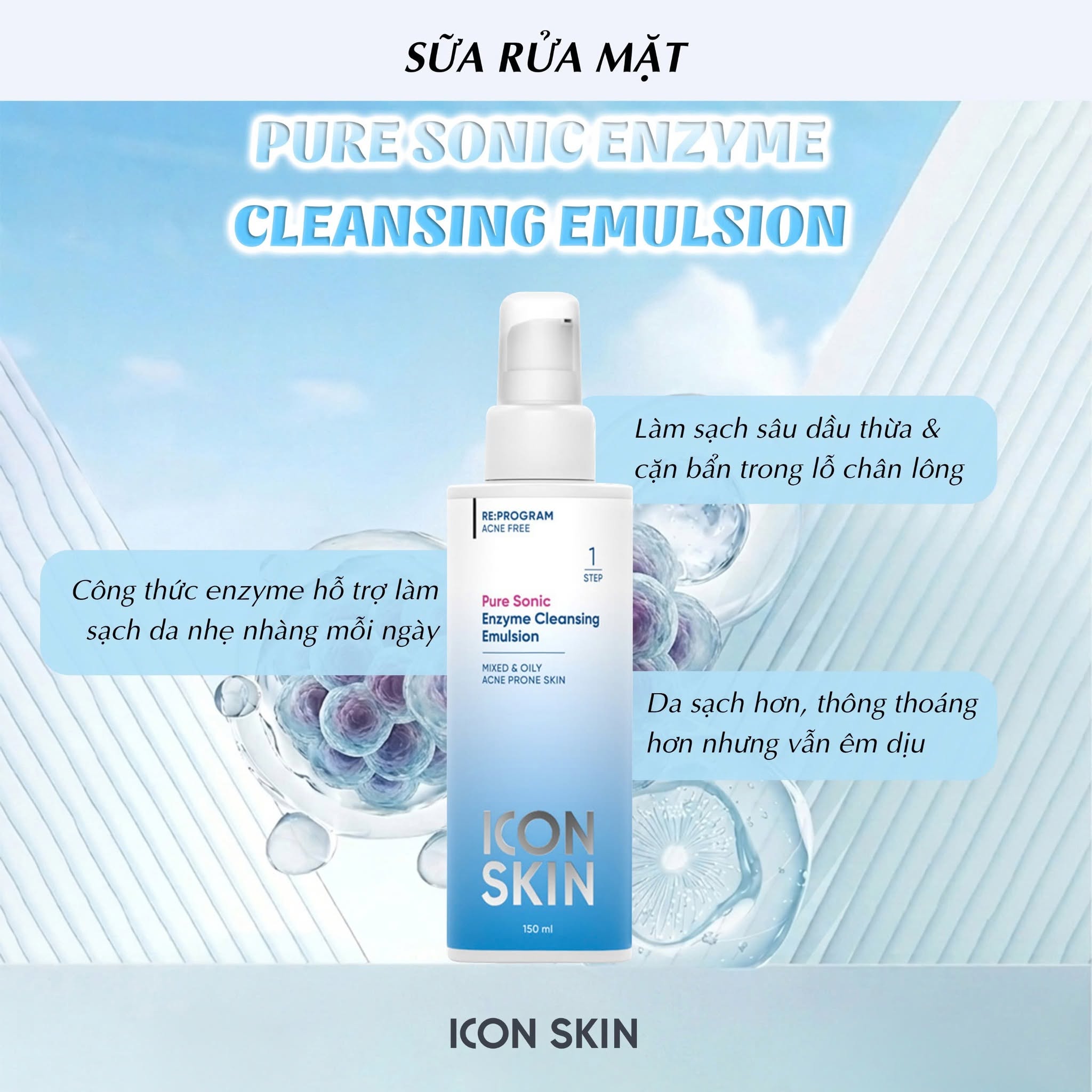 Sữa rửa mặt cho da dầu, da hỗn hợp Icon Skin Pure Sonic Enzyme Cleansing Emulsion