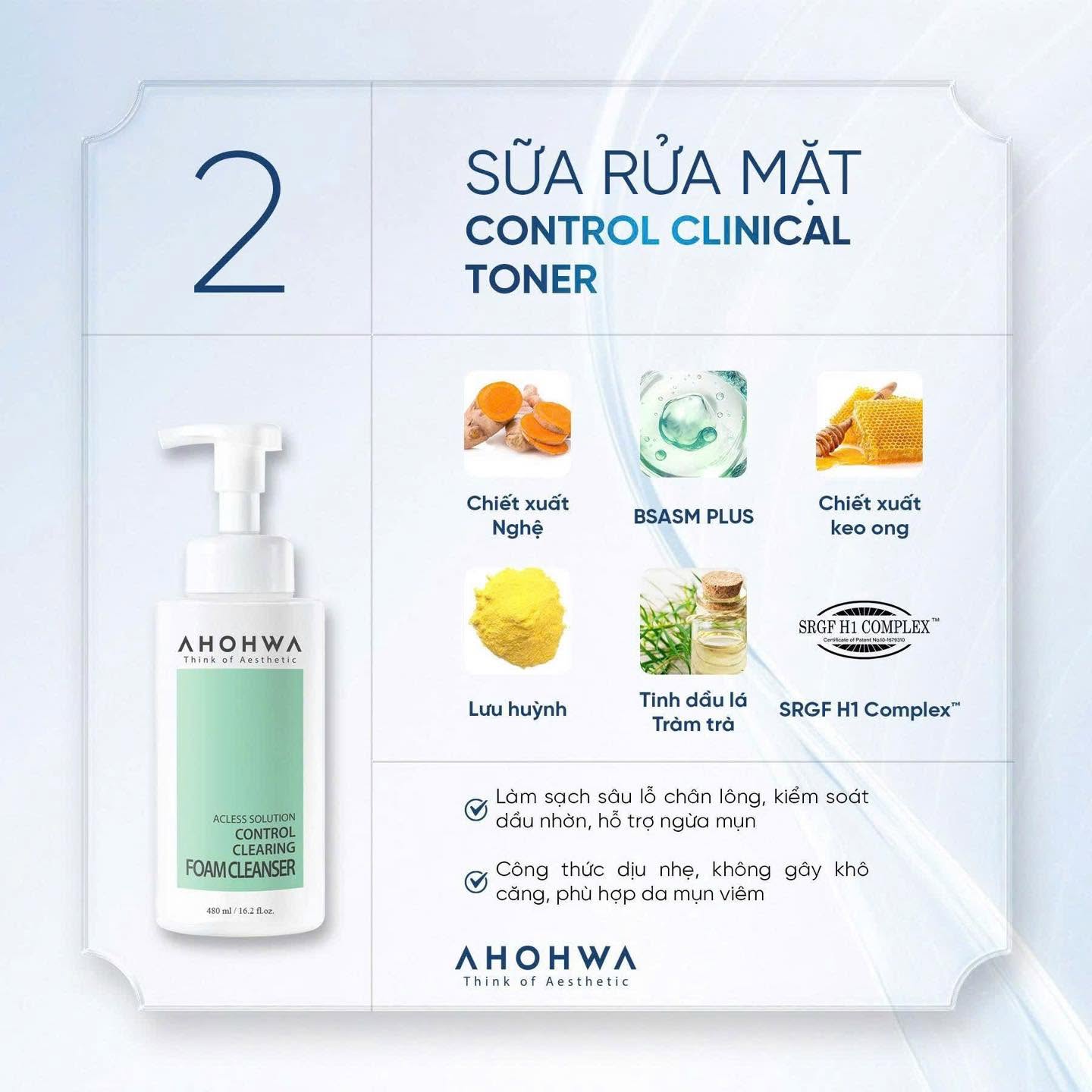 Sữa rửa mặt cho da dầu da hỗn hợp làm sạch sâu cải thiện mụn Ahohwa Acless Solution Control Clearing Foam Cleanser
