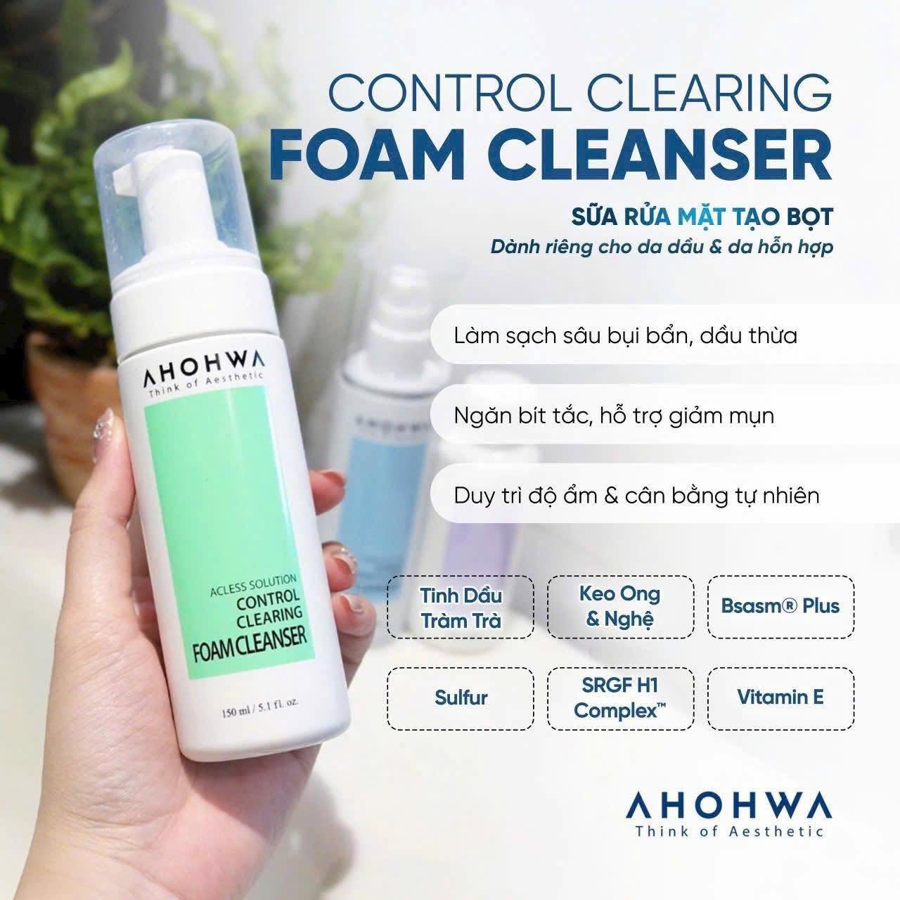 Sữa rửa mặt cho da dầu da hỗn hợp làm sạch sâu cải thiện mụn Ahohwa Acless Solution Control Clearing Foam Cleanser