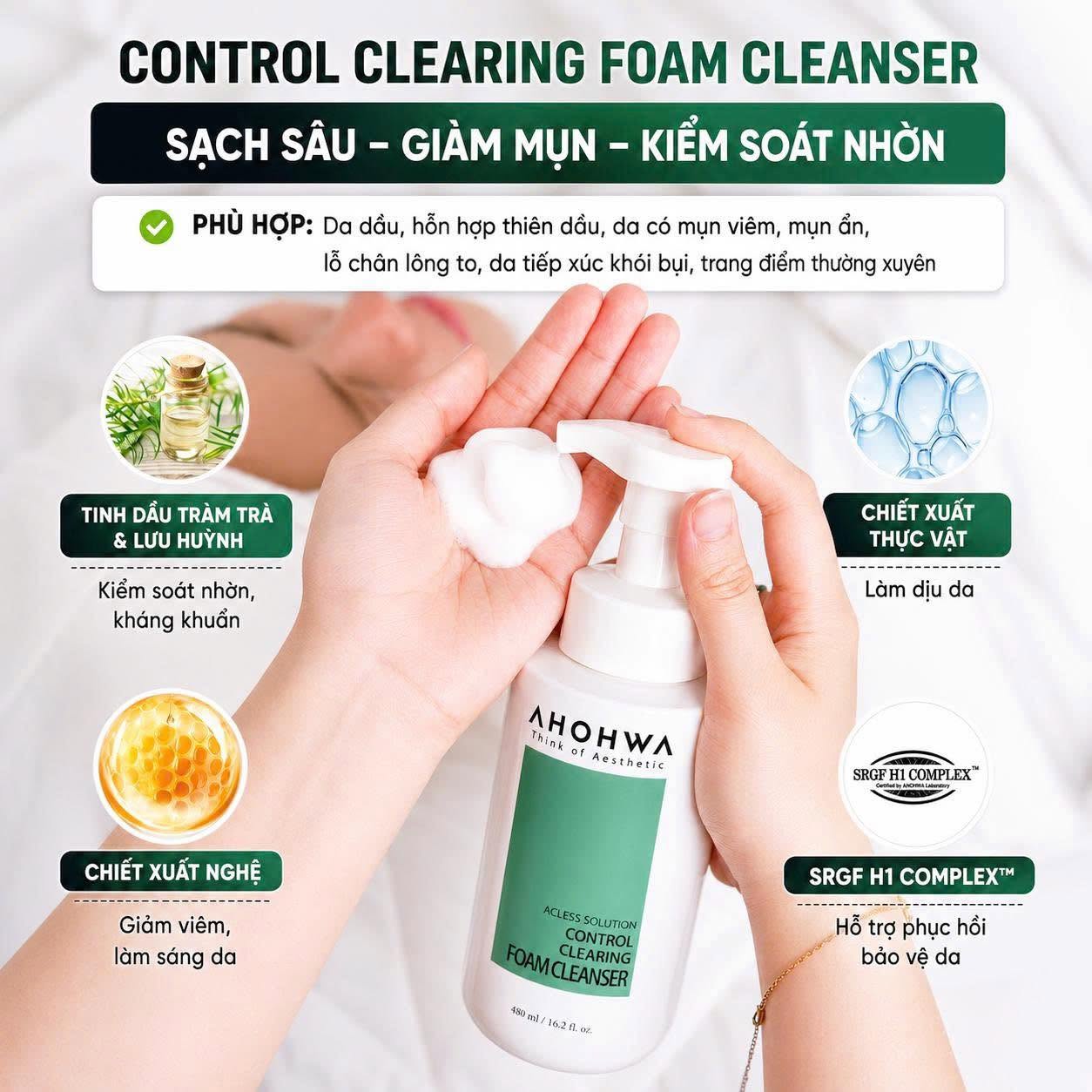 Sữa rửa mặt cho da dầu da hỗn hợp làm sạch sâu cải thiện mụn Ahohwa Acless Solution Control Clearing Foam Cleanser