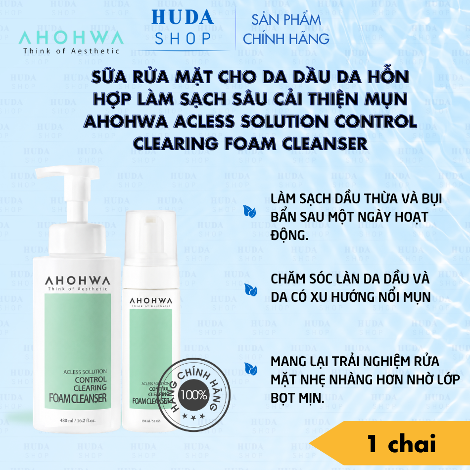 Sữa rửa mặt cho da dầu da hỗn hợp làm sạch sâu cải thiện mụn Ahohwa Acless Solution Control Clearing Foam Cleanser