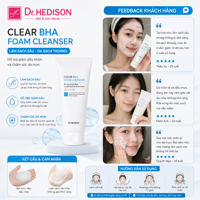 Sữa rửa mặt dạng bọt cho da dầu mụn Dr.HEDISON Clear BHA Foaming Cleanser