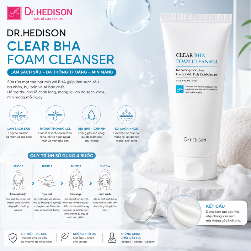 Sữa rửa mặt dạng bọt cho da dầu mụn Dr.HEDISON Clear BHA Foaming Cleanser