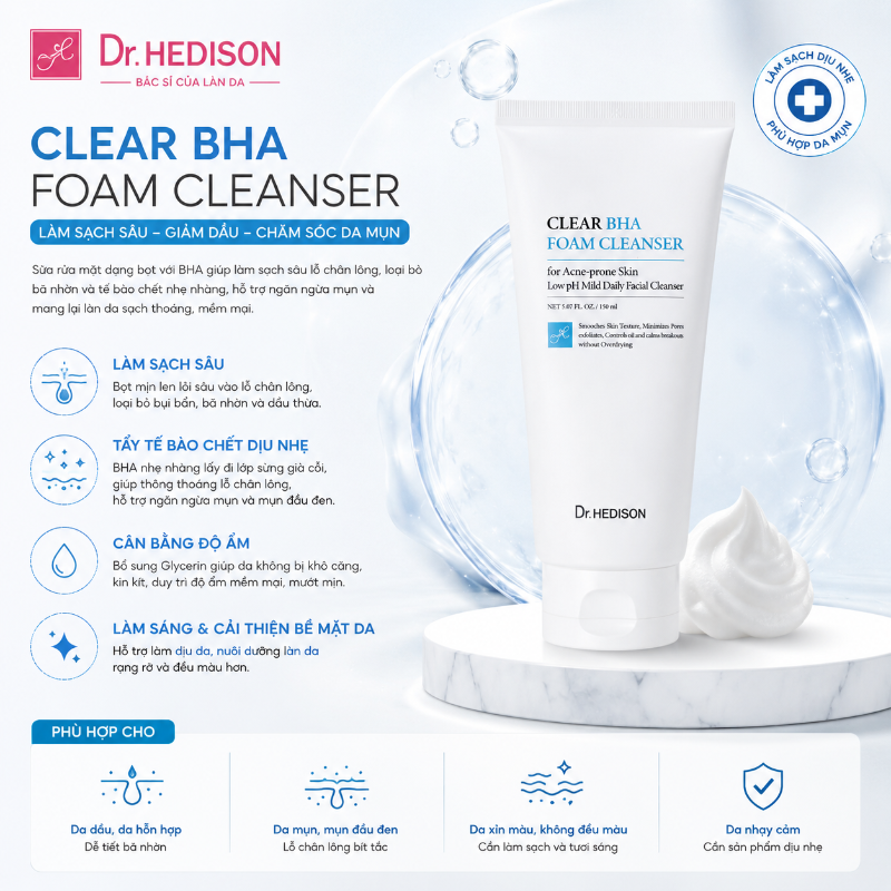 Sữa rửa mặt dạng bọt cho da dầu mụn Dr.HEDISON Clear BHA Foaming Cleanser