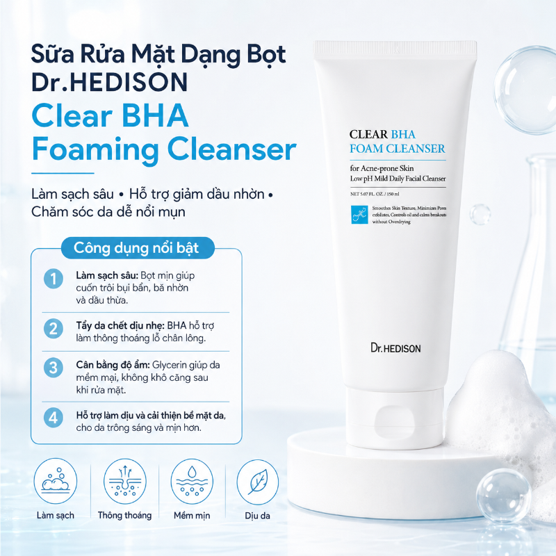 Sữa rửa mặt dạng bọt cho da dầu mụn Dr.HEDISON Clear BHA Foaming Cleanser